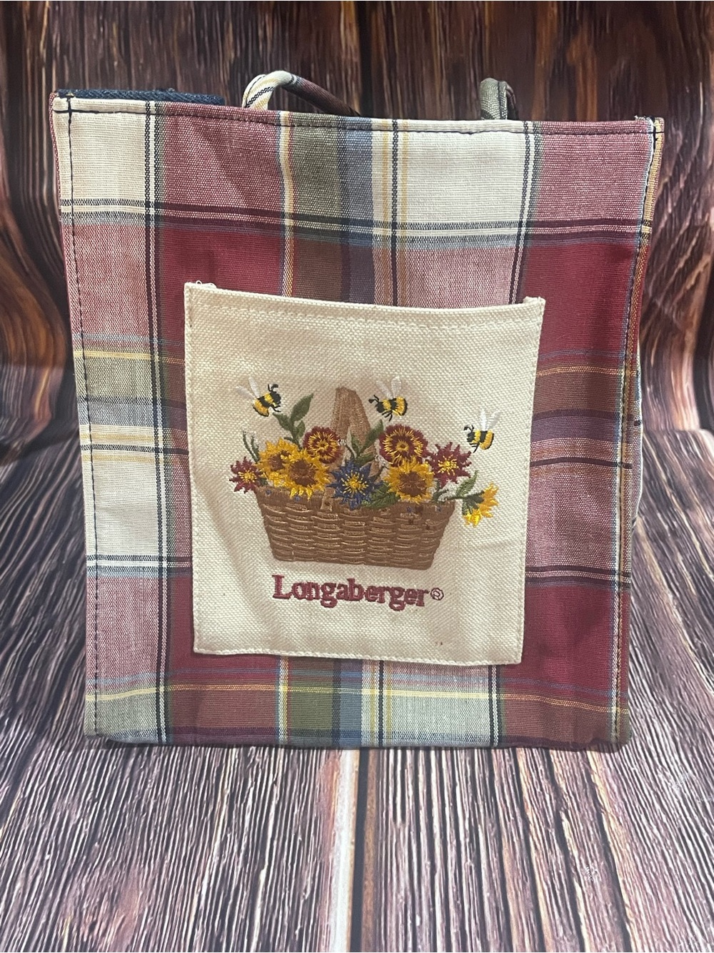 Longaberger Plaid Tote Bag w/ Embroidered Floral Panel, Lined, Pouch Vtg